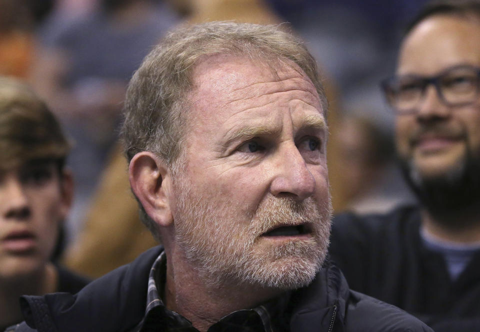 FILE - Phoenix Suns owner Robert Sarver watches the team play against the Memphis Grizzlies during the second half of an NBA basketball game in Phoenix, Dec. 11, 2019. The NBA has suspended Phoenix Suns and Phoenix Mercury owner Robert Sarver for one year, plus fined him $10 million, after an investigation found that he had engaged in what the league called workplace misconduct and organizational deficiencies." The findings of the league's report, published Tuesday, Sept. 13, 2022, came nearly a year after the NBA asked a law firm to investigate allegations that Sarver had a history of racist, misogynistic and hostile incidents over his nearly two-decade tenure overseeing the franchise. (AP Photo/Ross D. Franklin, File)