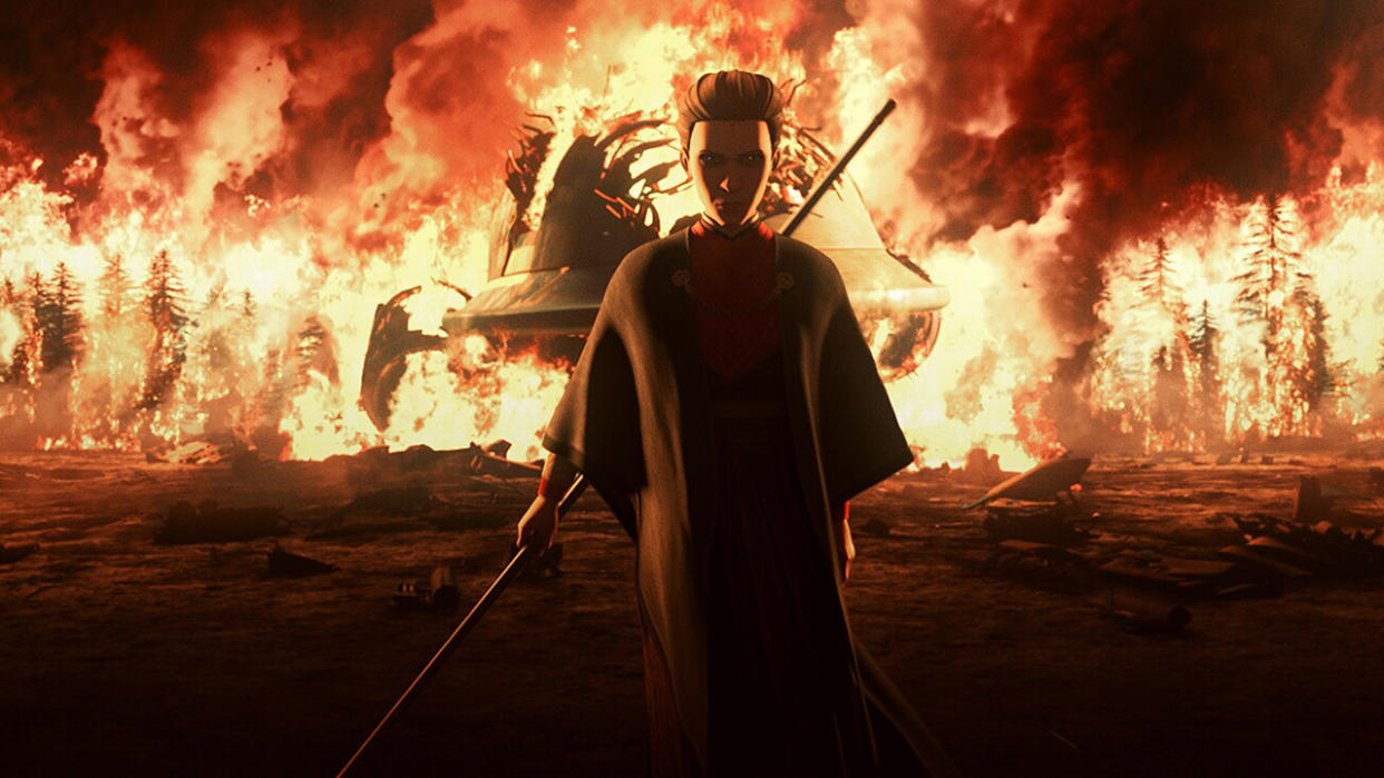  A character in a dark robe walks away from a fire holding a laser sword. 
