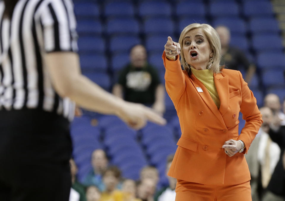 Baylor head coach Kim Mulkey argues a call during the first half of a regional final women's college basketball game against Iowa in the NCAA Tournament in Greensboro, N.C., Monday, April 1, 2019. (AP Photo/Gerry Broome)