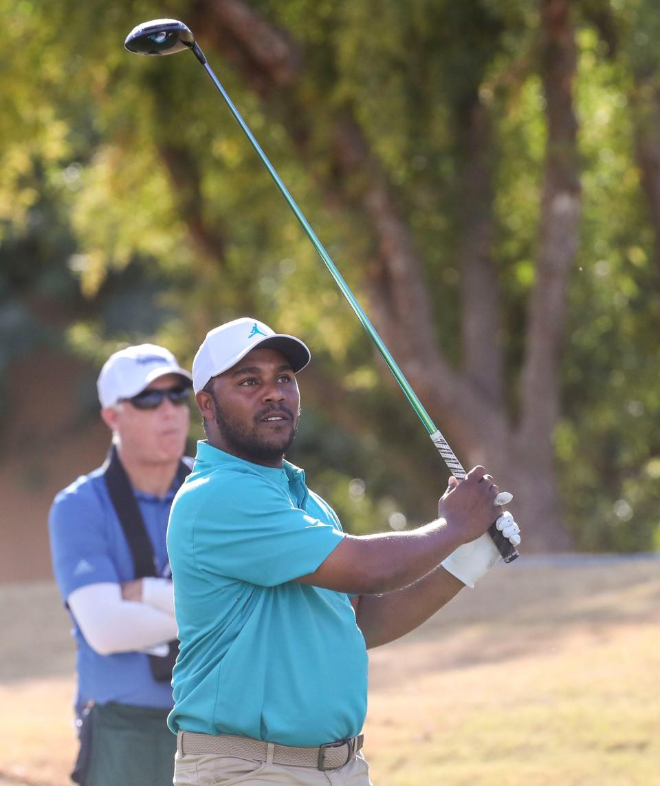 Harold Varner III tees off on hole 11 of the Pete Dye Stadium course during the third round of The American Express at PGA West in La Quinta, Calif., Saturday, Jan. 22, 2022. 