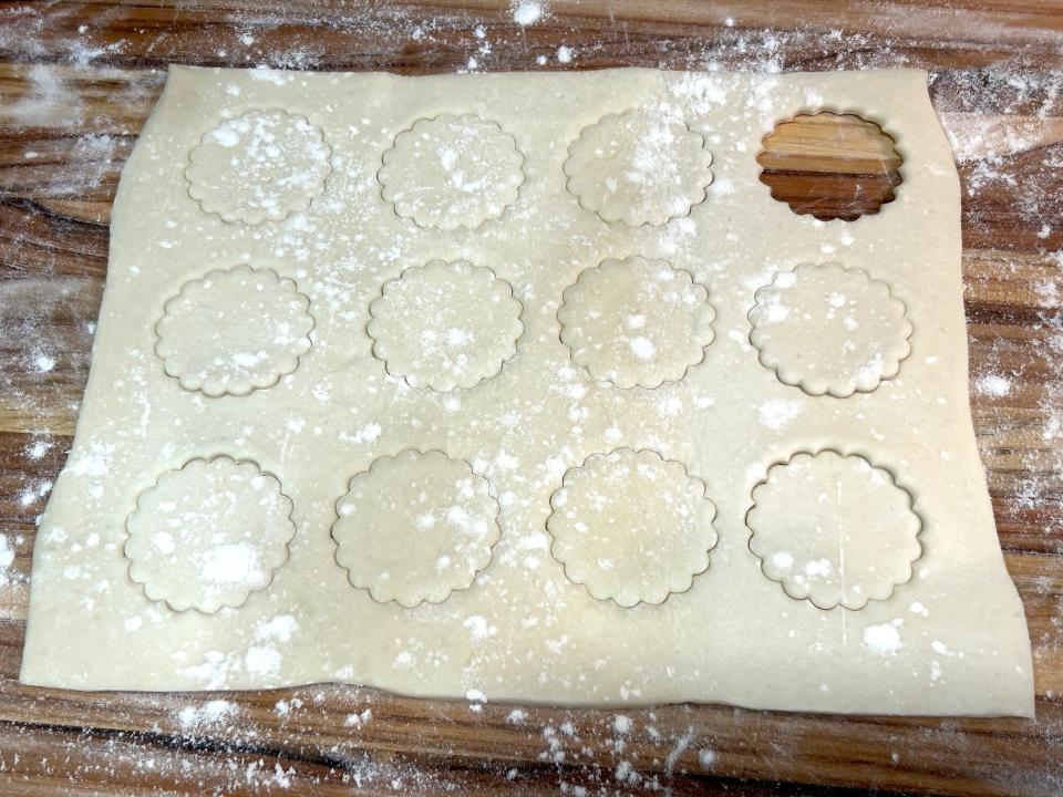 Cutting out shapes for Ina Garten's chicken pot pie soup croutons