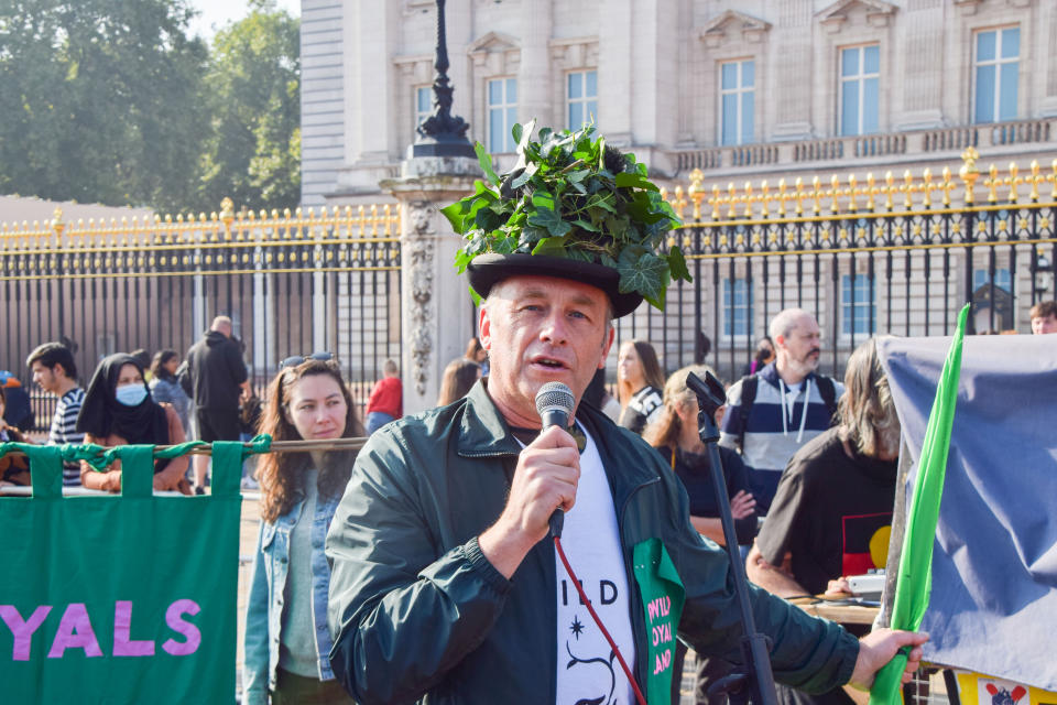 Naturalist and presenter Chris Packham speaks during the demonstration. Protesters, children, and families gathered outside Buckingham Palace and delivered a petition asking the royal family to re-wild their land to increase wildlife and help fight the climate crisis. (Photo by Vuk Valcic/SOPA Images/LightRocket via Getty Images)