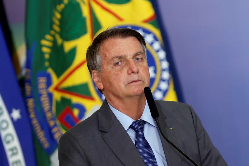 FILE PHOTO: Brazil's President Jair Bolsonaro talks during a ceremony at the Planalto Palace in Brasilia, Brazil July 27,2021