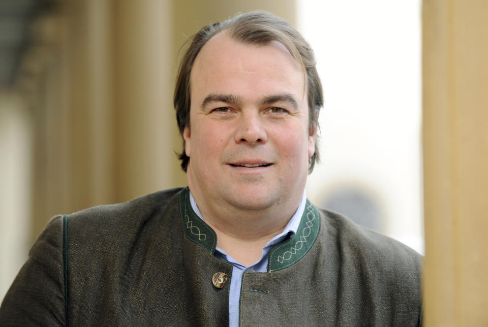 FILE - In this undated file photo Philipp Gottfried Alexander Prince of Hohenlohe-Langenburg looks into the camera at Langenburg Castle in Germany. Philipp Gottfried Alexander Prince of Hohenlohe-Langenburg will attend Britain's Prince Philip's funeral at St. George's Chapel at Windsor Palace on Saturday. (Marijan Murat/DPA via AP)