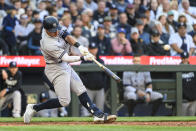 New York Yankees' Anthony Volpe hits a three-run home run against the Seattle Mariners during the third inning of a baseball game Tuesday, May 30, 2023, in Seattle. (AP Photo/Caean Couto)