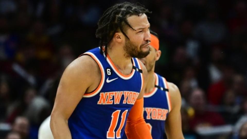 New York Knicks guard Jalen Brunson (11) celebrates after hitting a three point basket during the second half against the Cleveland Cavaliers at Rocket Mortgage FieldHouse