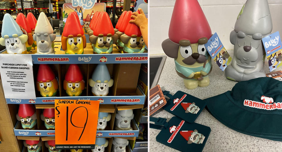 Left: Bunnings Bluey merchandise inside Bunnings store Right: Bluey gnomes and Hammerbarn hat bought from Bunnings