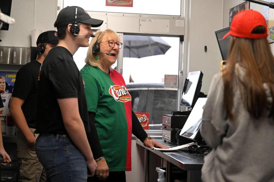 Donna Kelce, the mother of Chiefs tight end Travis Kelce and Eagles center Jason Kelce, “worked” the drive-thru during pre-game “shift” at Raising Cane’s on Monday in Overland Park.