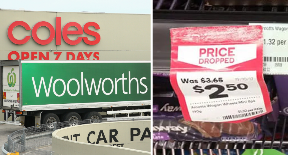 Coles sign with Woolworths truck next to an image of a Prices Dropped label