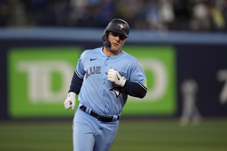 Toronto Blue Jays' Daulton Varsho runs the bases on a solo home run against the New York Yankees during the third inning of a baseball game Thursday, Sept. 28, 2023, in Toronto. (Chris Young/The Canadian Press via AP)