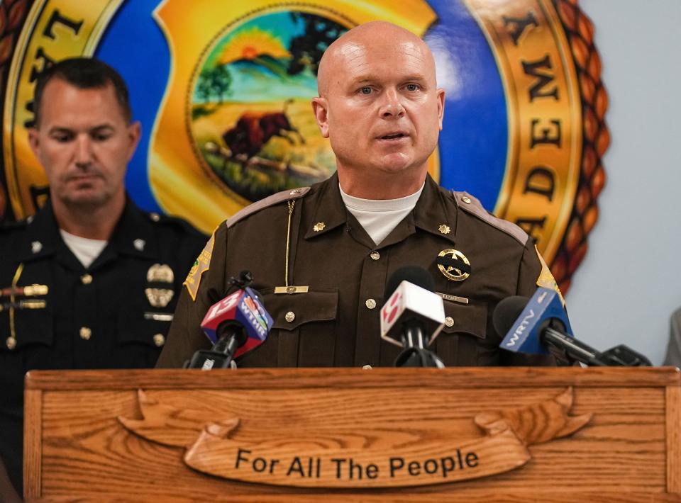 Johnson County Sgt. Andy Fisher speaks Tuesday, Aug. 1, 2023, during a press conference at Indiana Law Enforcement Academy in Plainfield. Deputy Tim Guyer was found unresponsive while at the Indiana Law Enforcement Academy.