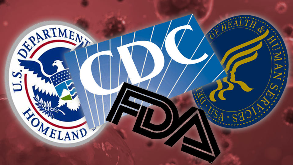 Logos: U. S. Department of Homeland Security, Centers for Disease Control, Food and Drug Administration, and Department of Health & Human Services. (Photo illustration: Yahoo News; photo: Getty Images)