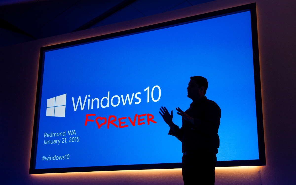  Windows 10 launch event screen with shadow of presenter in front of it. 