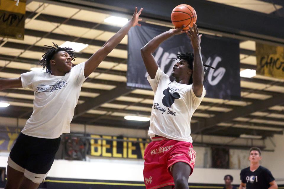 Brandon Gardner shoots the ball during a scrimmage with his teammates from Team Thad at the Memphis Elite Allstars court in Cordova on Tuesday, July 6, 2021. 