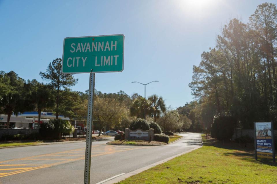A Savannah City Limit sign at the entrance to Bradley Pointe, off of Ogeechee Road.