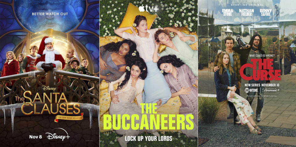 This combination of images shows promotional art for the second season of "The Santa Clauses," from left, the eight-episode series "The Buccaneers," and a new series "The Curse," starring Emma Stone. (Disney+/Apple TV+/Showtime via AP)