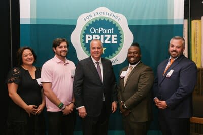 2023 OnPoint Prize for Excellence in Education Educator of the Year winners. From left to right: Caryn Anderson, K-5 Educator of the Year winner; Lucas Dix, 6-8 Educator of the Year winner; Rob Stuart, President & CEO, OnPoint Community Credit Union; Willie Williams, 9-12 Educator of the Year winner; Samuel Platt, Gold Star Educator of the Year winner.