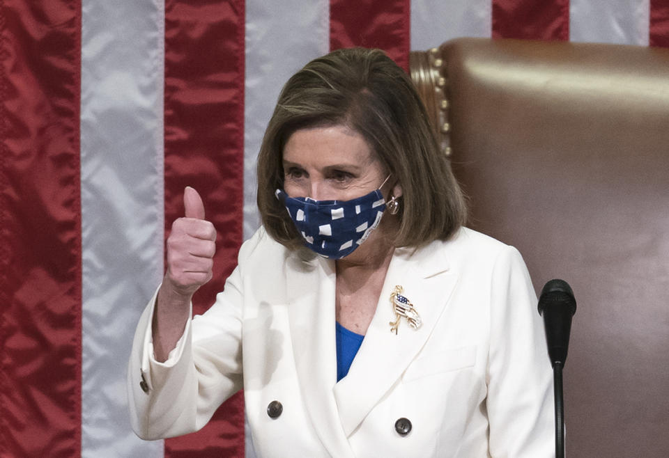 In this March 10, 2021, photo, Speaker of the House Nancy Pelosi, D-Calif., gestures after the $1.9 trillion COVID-19 relief bill was passed at the Capitol in Washington. Biden’s $1.9 trillion COVID-19 relief package is being hailed by Democrats and progressive policy advocates as a generational expansion of the social safety net, providing food and housing assistance, greater access to health care and direct aid to families in what amounts to a broad-based attack on the cycle of poverty. (AP Photo/J. Scott Applewhite, File)