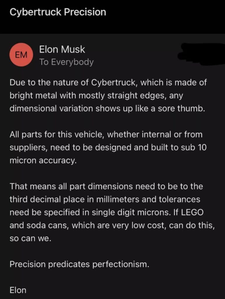 Elon Musk發布員工內部信件，表示他非常重視Cybertruck這輛車的公差問題。(圖片來源：翻攝自Cyber​​truckOwnersClub)