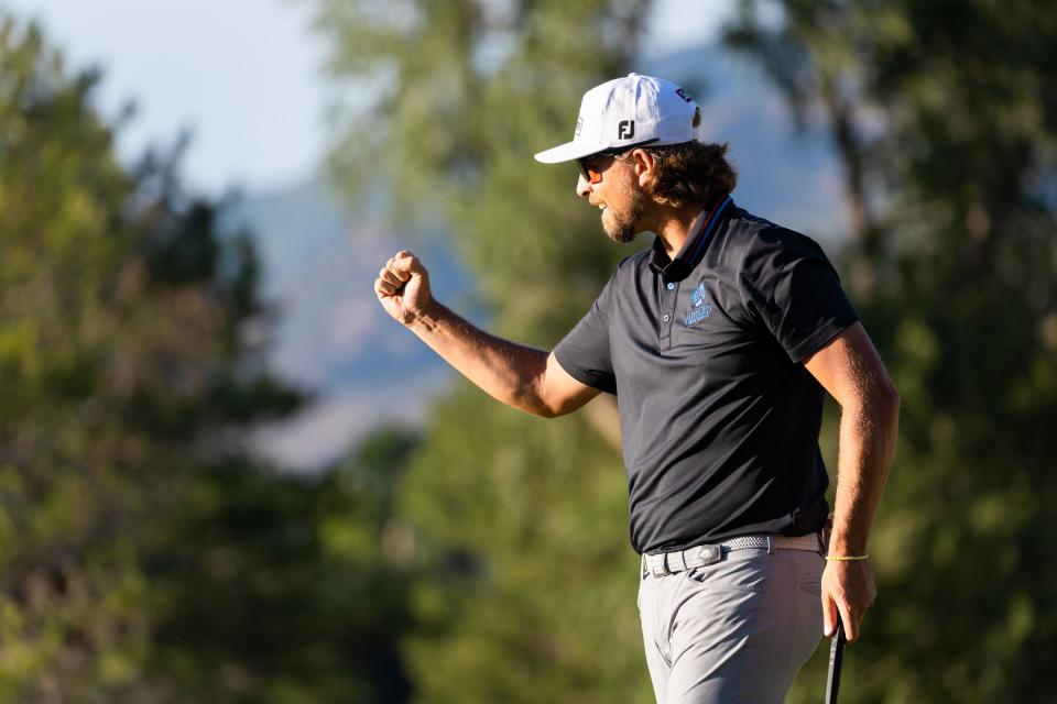 Roger Sloan celebrates after his final putt during the Utah Championship, part of the PGA Korn Ferry Tour, at Oakridge Country Club in Farmington on Sunday, Aug. 6, 2023. Sloan won with a final score of -24. | MEGAN NIELSEN, Megan Nielsen, Deseret News