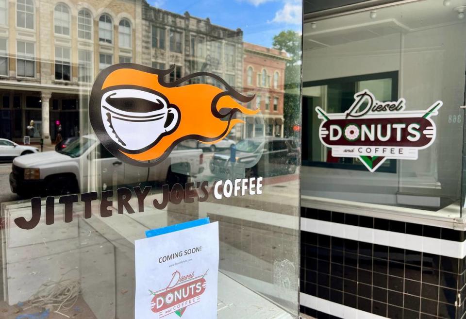 A Jittery Joe’s sign adorns the window of the new storefront belonging to Diesel Donuts on Second Street in Macon. The gourmet donut shop will serve coffee from the Athens-based chain.