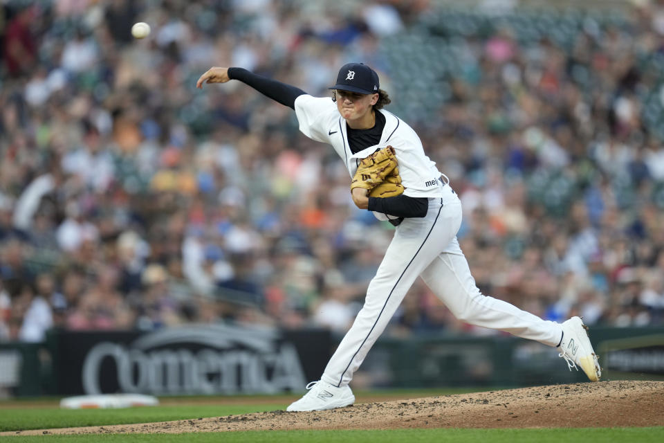 Detroit Tigers pitcher Reese Olson throws against the Minnesota Twins in the fifth inning of a baseball game, Saturday, June 24, 2023, in Detroit. (AP Photo/Paul Sancya)