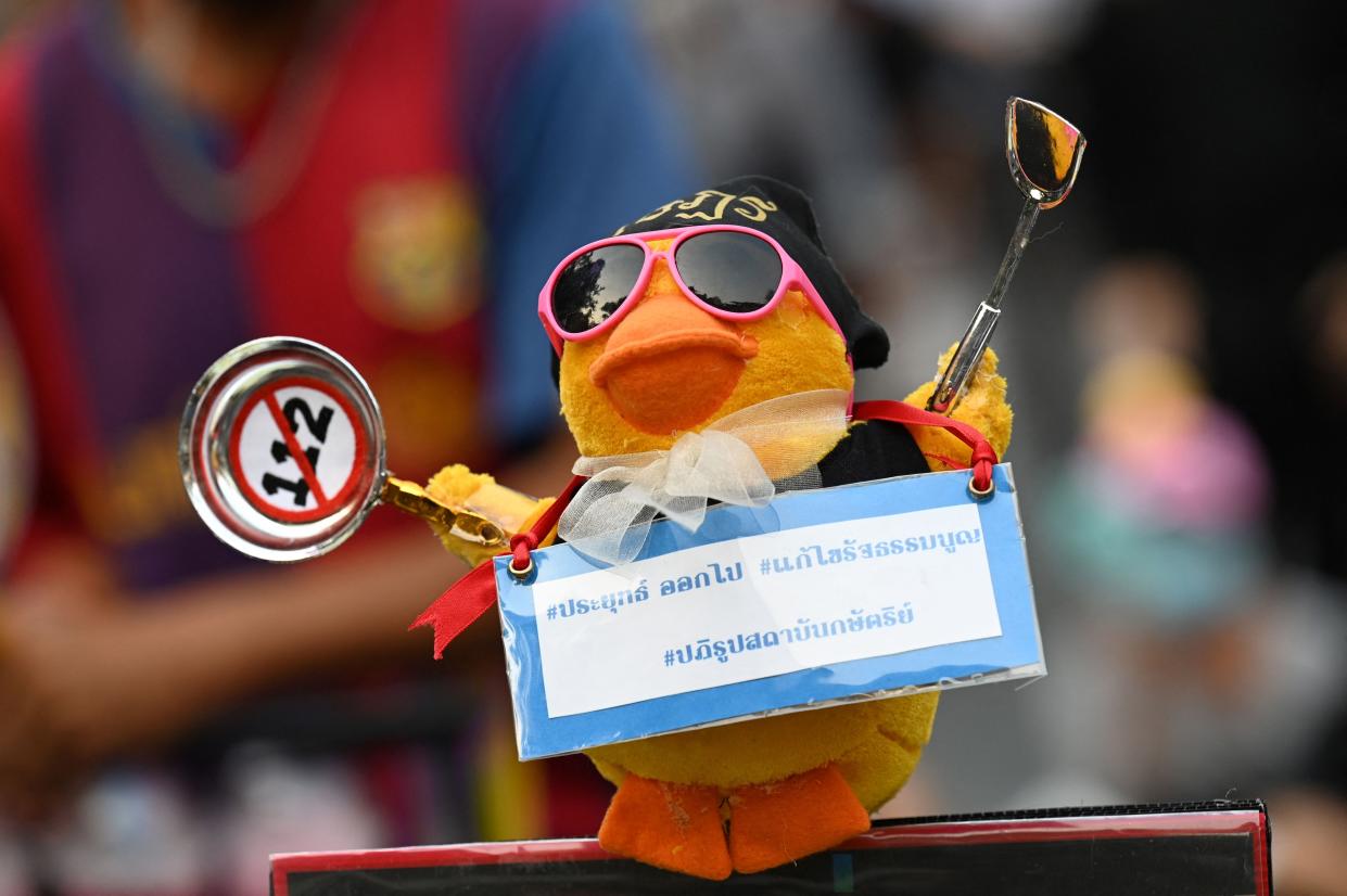 A stuffed toy duck is seen during an anti-government demonstration in Bangkok on March 24, 2021.