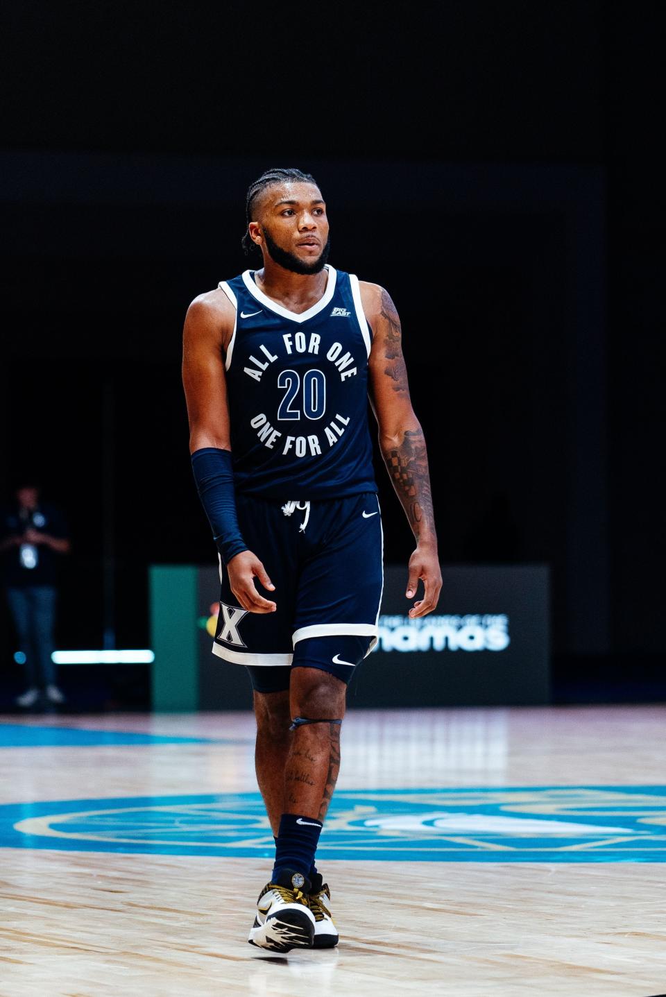 Xavier senior guard Dayvion McKnight (20) had 12 points, 4 rebounds, 5 assists and 4 steals in the Musketeers' 80-68 win over the University of Victoria in the Baha Mar Hoops Summer League in Nassau on Tuesday, Aug. 8, 2023.