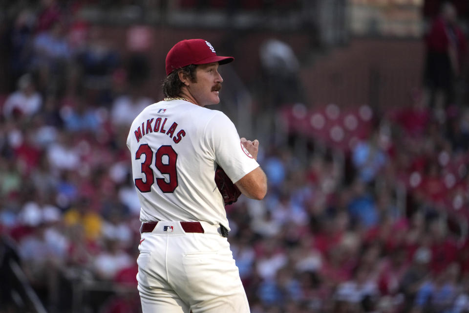 St. Louis Cardinals starting pitcher Miles Mikolas walks back to the mound during the third inning of a baseball game against the Pittsburgh Pirates Tuesday, June 11, 2024, in St. Louis. (AP Photo/Jeff Roberson)