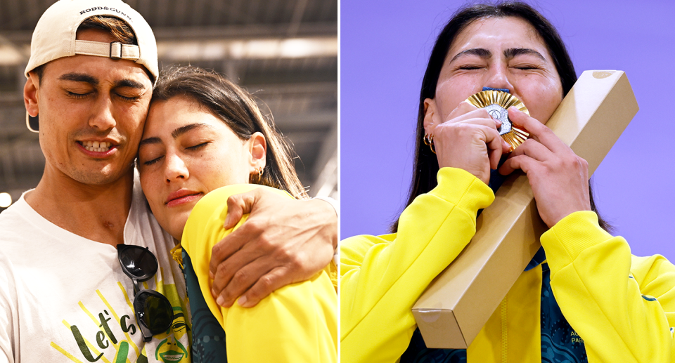 Saya Sakakibara and her brother Kai shared an emotional moment after the Aussie's BMX gold medal at the Paris Olympics. Pic: Getty 