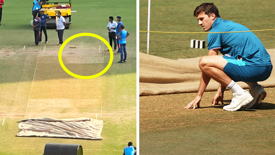 Pat Cummins (pictured right) inspecting the pitch and (pictured left) the Nagpur pitch ahead of the first Test against India.