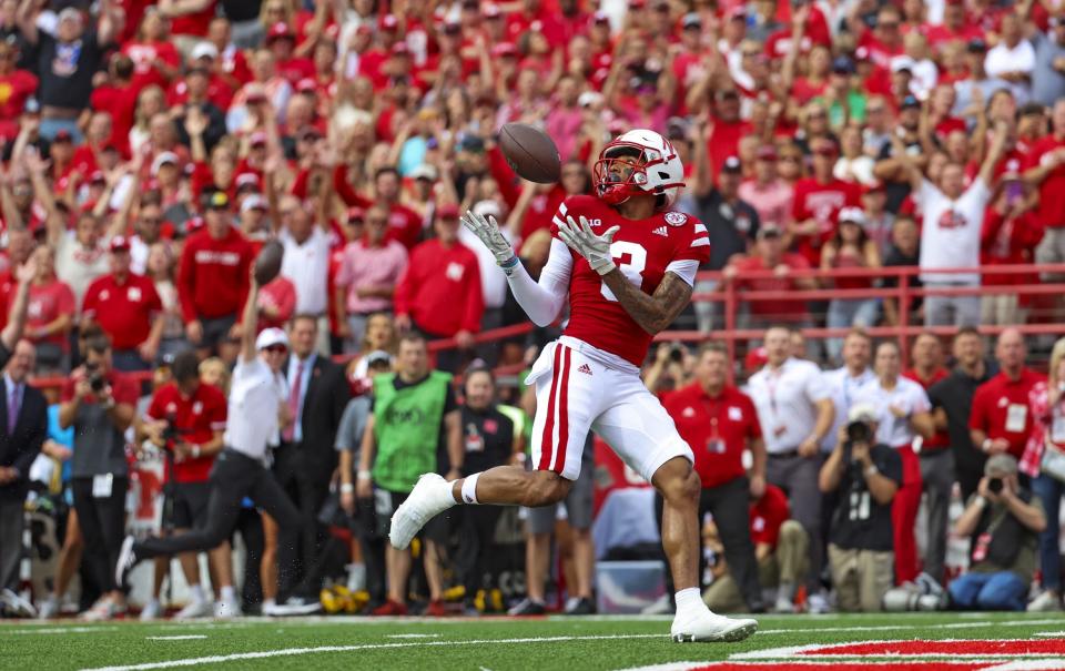 Sep 17, 2022; Lincoln, Nebraska, USA;  Nebraska Cornhuskers wide receiver Trey Palmer (3) catches a touchdown pass during the first quarter against the Oklahoma Sooners at Memorial Stadium. Mandatory Credit: Kevin Jairaj-USA TODAY Sports