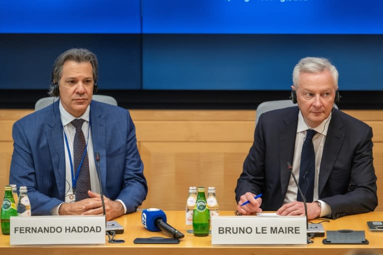 Fernando Haddad et Bruno Le Maire lors d'une conférence de presse au siège du FMI à Washington, le 17 avril 2024 (Jim WATSON)