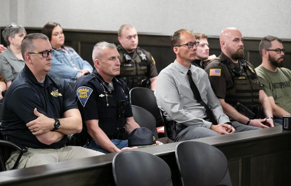 Law enforcement personnel attended the arraignment for Dejaune Ludie Anderson for the charge of murder in Salem, In. on April 2, 2024. The body of Anderson's son was discovered inside a suitcase in Washington, Co., In. nearly two years ago.