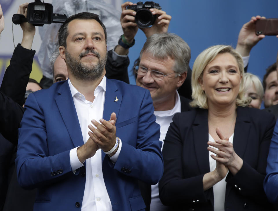 Matteo Salvini and Marine Le Pen, Leader of the French National Front, attend a rally organized by League leader Matteo Salvini, with leaders of other European nationalist parties, ahead of the May 23-26 European Parliamentary elections, in Milan, Italy, Saturday, May 18, 2019. (AP Photo/Luca Bruno)