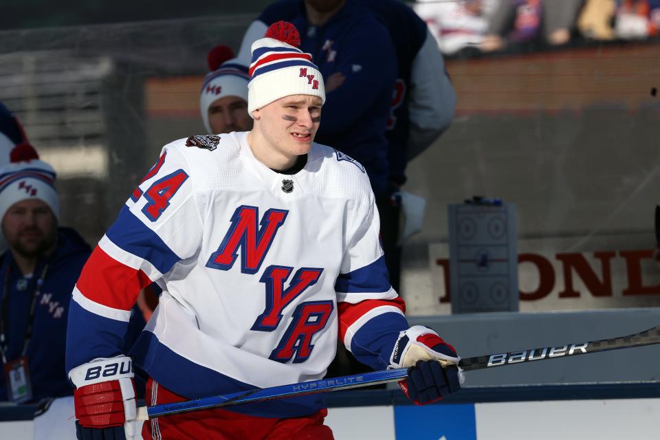 EAST RUTHERFORD, NEW JERSEY - FEBRUARY 18: Kaapo Kakko #24 of the New York Rangers warms up prior to the 2024 Navy Federal Credit Union Stadium Series against the New York Islanders at MetLife Stadium on February 18, 2024 in East Rutherford, New Jersey.