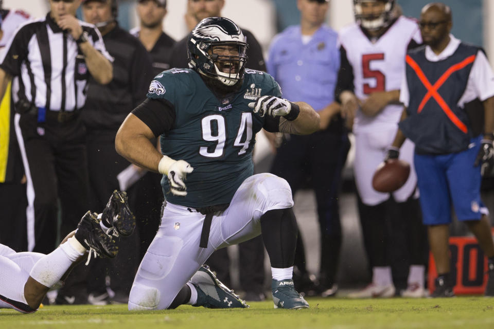 PHILADELPHIA, PA - SEPTEMBER 06: Haloti Ngata #94 of the Philadelphia Eagles reacts against the Atlanta Falcons at Lincoln Financial Field on September 6, 2018 in Philadelphia, Pennsylvania. (Photo by Mitchell Leff/Getty Images)