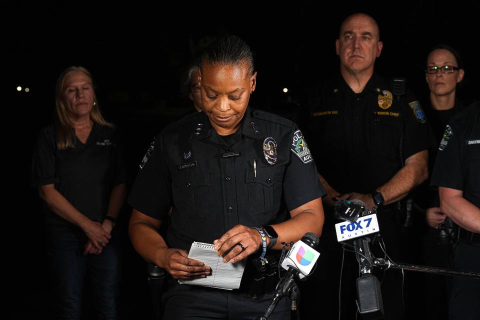 Austin Interim Police Chief Robin Henderson briefs media at the Great Hills Baptist Church on Thursday Aug. 31, 2023 in Austin. Police are investigating a shooting at The Arboretum shopping center that resulted in two deaths and multiple injuries on the afternoon of Aug. 31, 2023.