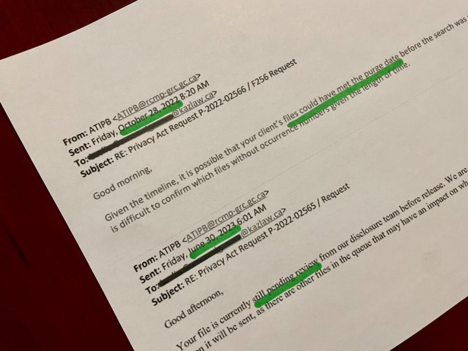 Emails from the RCMP ATIP branch show the department claims the requested records could have 'met the purge date,' and eight months later in June 2023, say the file is 'still pending review.' West Shore RCMP said they had handed the record to the ATIP branch by August 2022.