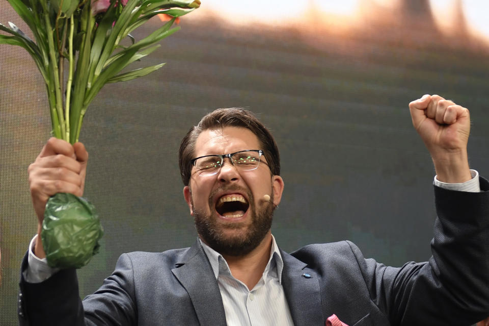 The leader of the Sweden Democrats Jimmie Åkesson delivers a speech at the party's election watch at Elite Hotel Marina Tower Tower in Nacka, near Stockholm, Sweden, early Monday, Sept. 12, 2022. An exit poll projected that Sweden’s ruling left-wing Social Democrats have won the most votes in a general election Sunday, while a right-wing populist party had its best showing yet. (Maja Suslin/TT News Agency via AP)