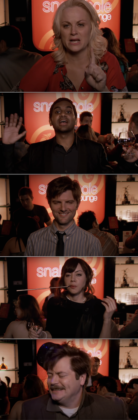 The cast of "Parks and Rec" being extremely drunk at the bar