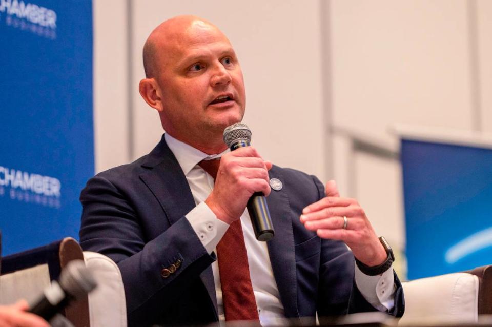 Kansas Secretary of State Scott Schwab, answers questions from a moderator during a Kansas Chamber of Commerce event at the Embassy Suites by Hilton on Wednesday, Sep. 7, 2022, in Olathe.