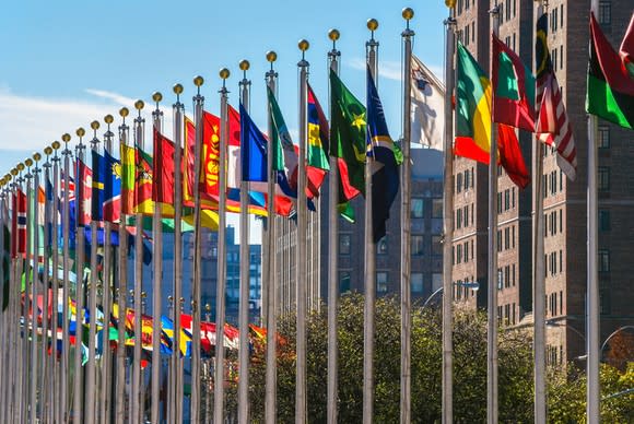 International flags on display outside the United Nations building in New York.