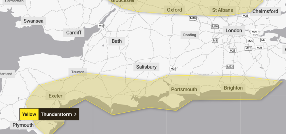 Much of the south coast is likely to see lightning, with a yellow warning for thunderstorms in place from 8am until 7pm on Wednesday (Met Office)