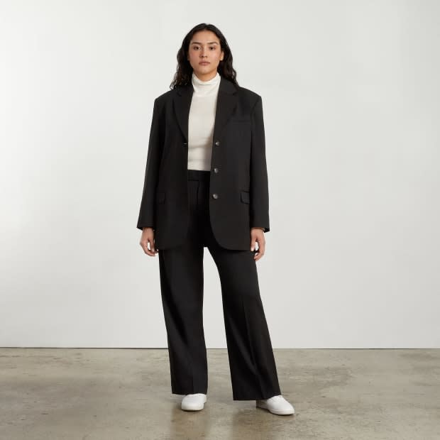 <p>Everlane '80s Italian Wool Blazer, $228, <a href="https://rstyle.me/+1qX1IEr_RamU63sJrukKJw" rel="nofollow noopener" target="_blank" data-ylk="slk:available here" class="link ">available here</a> and Pant, $83, <a href="https://rstyle.me/+wX-3jp8GjzTcJ-9K8-PBsA" rel="nofollow noopener" target="_blank" data-ylk="slk:available here" class="link ">available here</a> (sizes 00-16).</p>