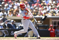 St. Louis Cardinals' Willson Contreras (40) hits a double during the fourth inning of a baseball game against the San Diego Padres, Wednesday, April 3, 2024, in San Diego. (AP Photo/Denis Poroy)