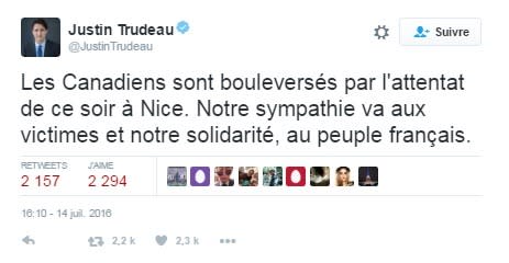 Des personnalités politiques internationales ont également réagi, comme le Premier ministre canadien.