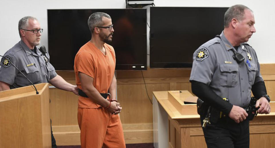 Christopher Watts is brought in to court for his arraignment hearing at the Weld County Courthouse on Tuesday, August 21, regarding the alleged murder of his wide Shannan Watts and two young daughters Celeste and Bella