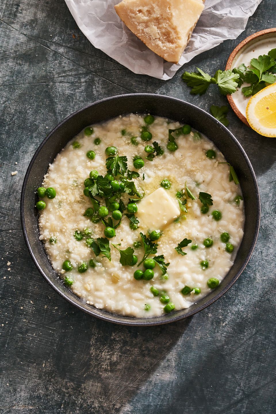 baked risotto with lemon, peas and parmesan recipe