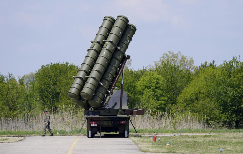 HQ-22 anti-aircraft systems, whose export version is known as FK-3, during the military exercises on Batajnica, military airport near Belgrade, Serbia, Saturday, April 30, 2022. Serbia on Saturday publicly displayed a recently delivered Chinese anti-aircraft missile system, raising concerns in the West and among some of Serbia's neighbors that an arms buildup in the Balkans could threaten fragile peace in the region. (AP Photo/Darko Vojinovic)